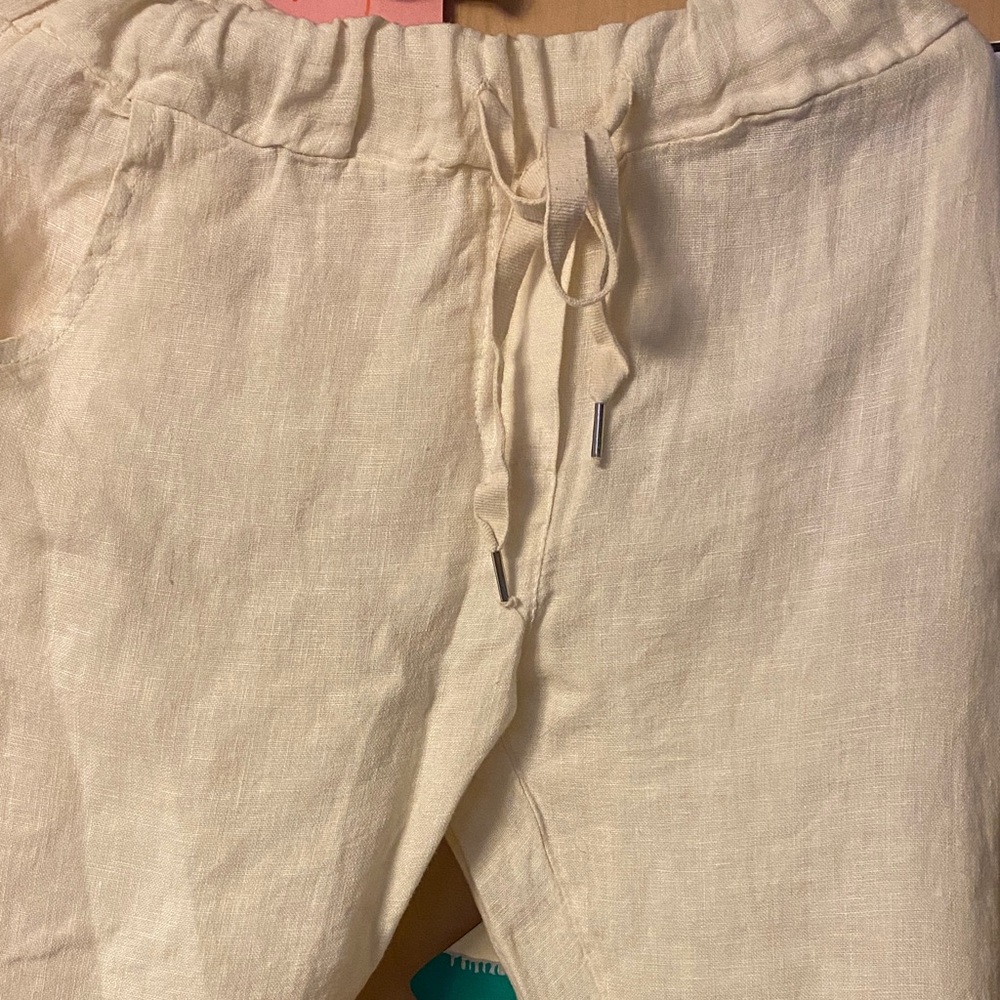 Cream Linen Drawstring Capris